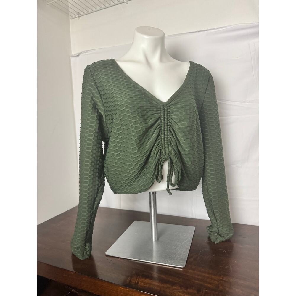 Olive Green Honeycomb Textured Ruched Top Fashion to Figure, Size 2X